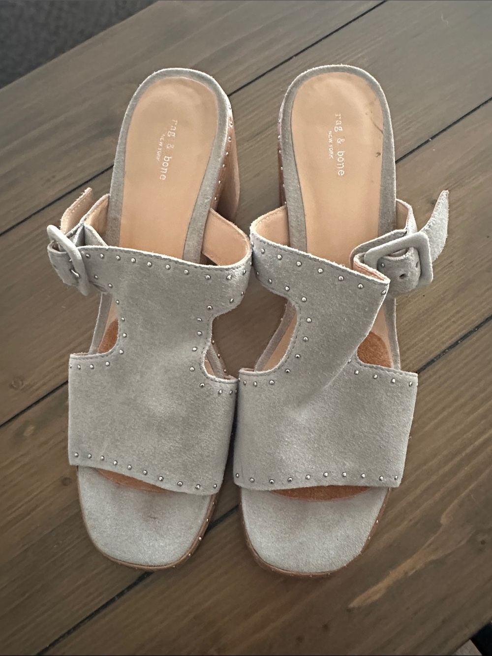 rag & bone Light Gray Suede Stud-Trim Slide Mules